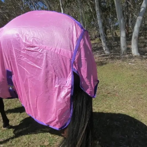 Horse wearing Love my Horse soft mesh rug pink showing tail flap and reflectors