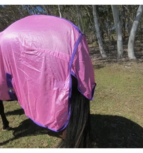 Horse wearing Love my Horse soft mesh rug pink showing tail flap and reflectors