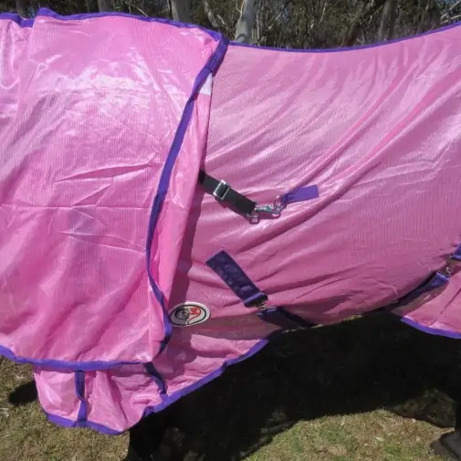 Horse wearing Love my Horse soft mesh hood set pink with connection to rug