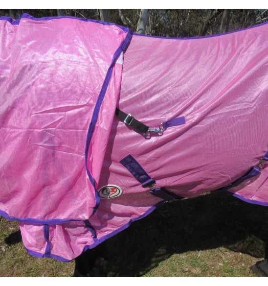 Horse wearing Love my Horse soft mesh hood set pink with connection to rug
