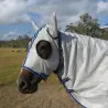 Face of horse wearing Love My Horse silver duramesh hooded combo with eye holes and covered ears
