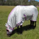 Horse grazing wearing silver Love My Horse Dura Mesh Hooded Combo with pink trim