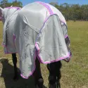 Tail flap and rear view of silver Love My Horse Dura Mesh Hooded Combo with pink trim