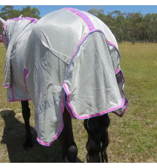 Tail flap and rear view of silver Love My Horse Dura Mesh Hooded Combo with pink trim