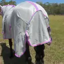 Tail flap and rear view of silver Love My Horse Dura Mesh Hooded Combo with pink trim
