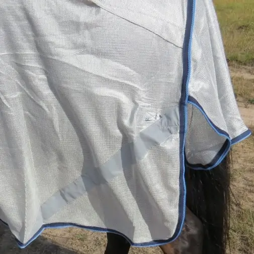 Tail flap and reflectors on the Love my Horse Dura mesh combo silver with blue trim