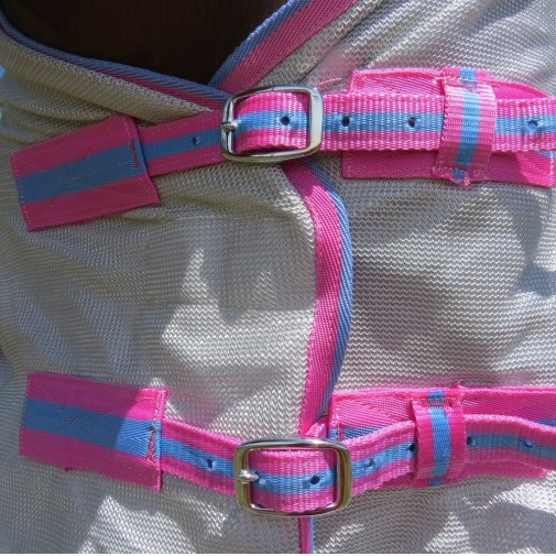 Love My Horse silver duramesh combo with pink trim double chest buckles