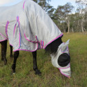 Bay horse wearing silver duramesh combo with pink trim with matching duramesh face mask