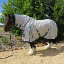 Large brown clydesdale horse wearing Love My Horse silver clydesdale mesh combo