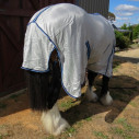 Large brown clydesdale horse wearing Love My Horse silver clydesdale mesh combo