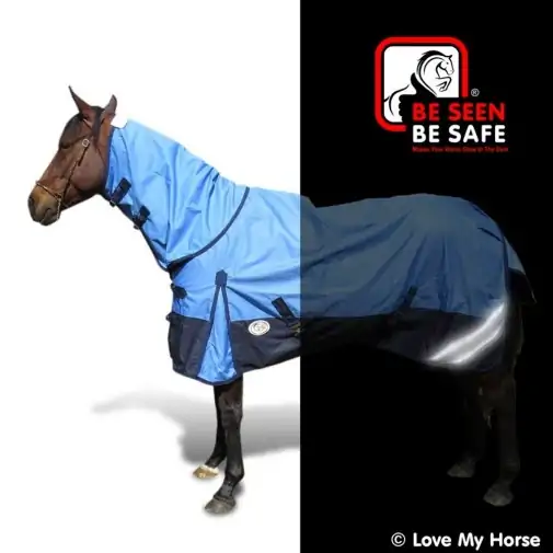 Horse wearing blue Love My Horse 1200 Denier Rainsheet Combo showing Be seen be safe glow in the dark reflectors