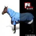 Horse wearing blue Love My Horse 1200 Denier Rainsheet Combo showing Be seen be safe glow in the dark reflectors