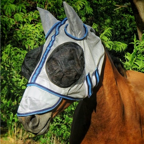 Silver Dura mesh face mask with blue trim with bug eys and ear coverage