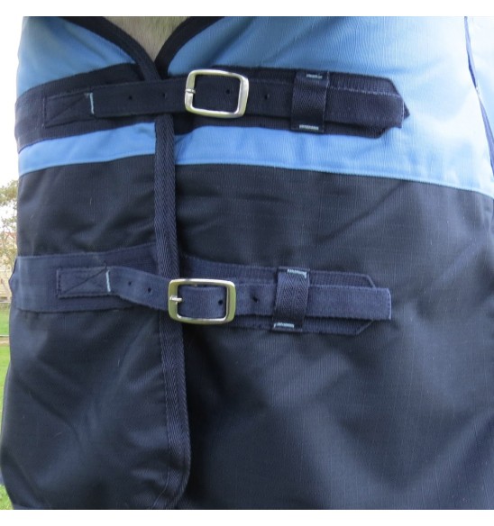 Chest fit of Love My Horse Blue Winter Combo showing double chest buckles