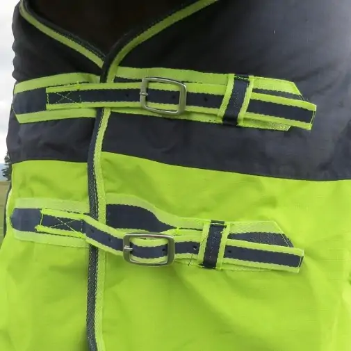 Front chest buckles of 600 Denier Winter Combo in Navy / Lime