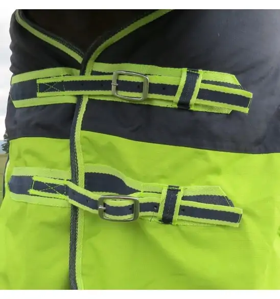 Front chest buckles of 600 Denier Winter Combo in Navy / Lime