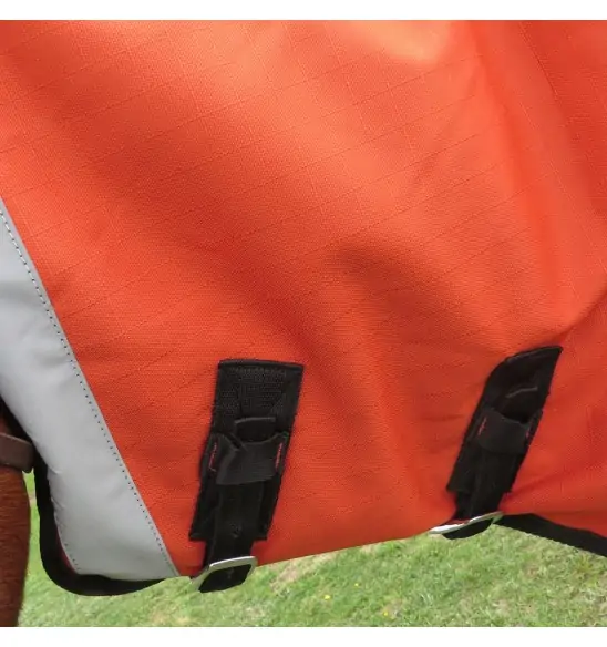 Close up of neck buckles of Love My Horse Burnt Orange Winter Combo horse rug