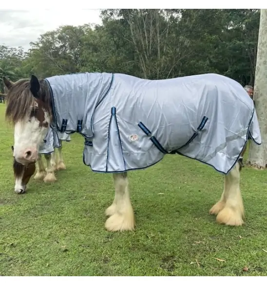 Large brown clydesdale horse wearing Love My Horse silver clydesdale mesh combo