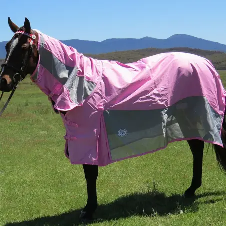 horse wearing pink rainsheet mesh hybrid with pink waterproof top layer and silver mesh side panels