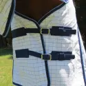Chest fit of Love My Horse cotton combo horse rug with blue trim