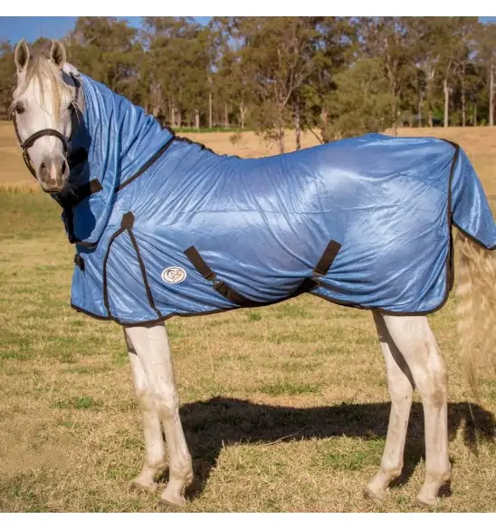 A white arabian horse wearing summer soft mesh blue combo with black trim in australian landscape