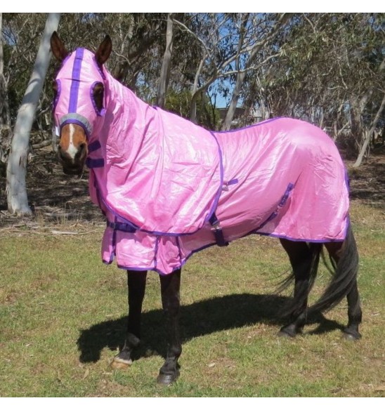 Horse wearing Love my Horse soft mesh hood set pink with the hood on
