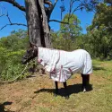 Pink check summer cotton combo horse rug showing shoulder gusset and generous drop