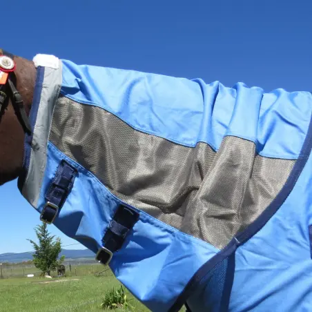 Love My Horse Rainsheet mesh hybrid in blue rainhseet topline with silver mesh side panels, close up of the neck