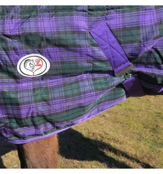 Purple / Green check stable combo horse rug showing logo and surcingles