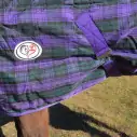 Purple / Green check stable combo horse rug showing logo and surcingles