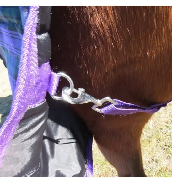 Purple / Green check stable combo horse rug with steel clips on leg straps
