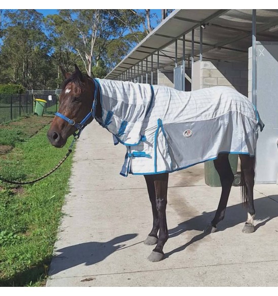 Cotton / Dura mesh with IR3535 treatment panels for strogn topline and cool mesh fly repellent summers