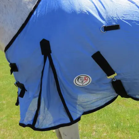 Horse wearing Love my Horse soft mesh hood set blue chest buckles
