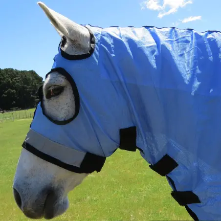 Horse wearing Love my Horse soft mesh hood blue
